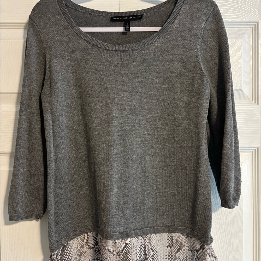 White House Black Market Gray Sweater with Snake Print Hem